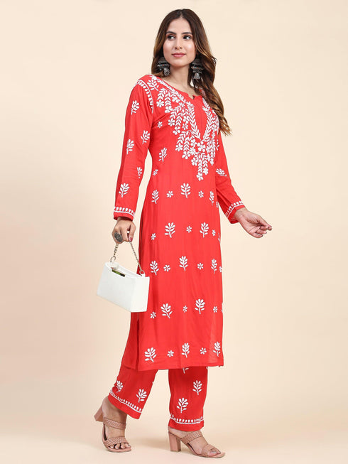 Fizaa Chikankari Long Modal Kurta Set - RED